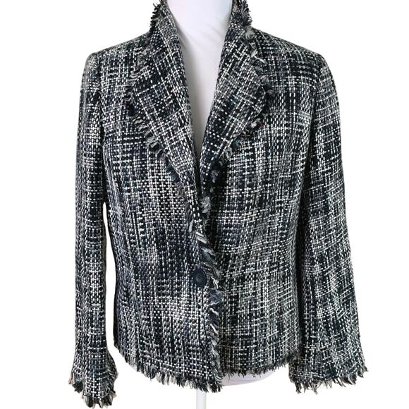 Vintage Jackets & Blazers - Vintage Methode Size 6 Black White Tweed Fringe Blazer Jacket Career Preppy